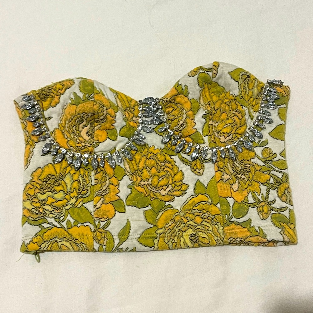Zara floral crop tube top SMALL jewels rhinestones